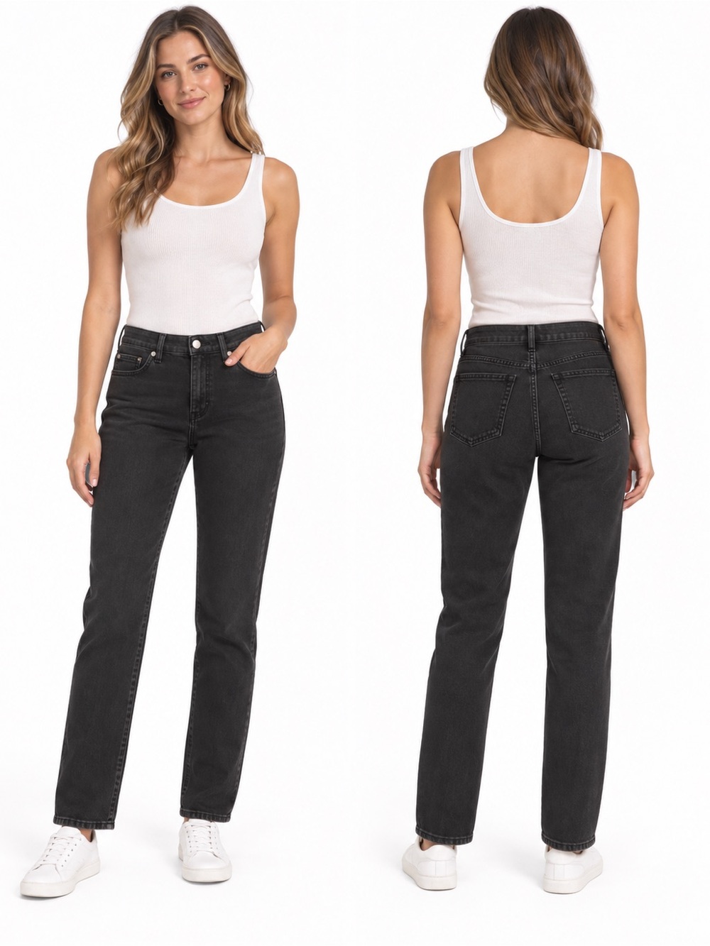 High-Rise Straight Leg Jeans in Washed Black - 1078